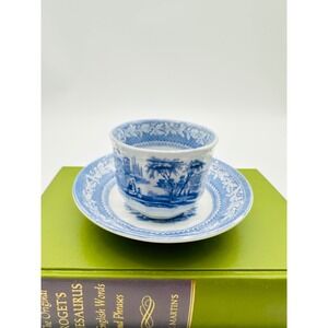 Antique Blue and White Transferware Tea Bowl Cup and Saucer Pastoral Handleless